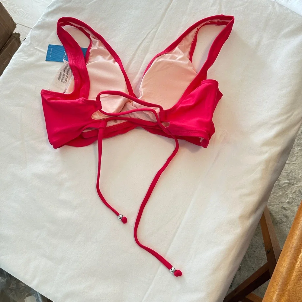 Cupshe Womens Hot Pink Surplice Wrap Lace‎ Up Bikini Top Size Small Beach Barbie